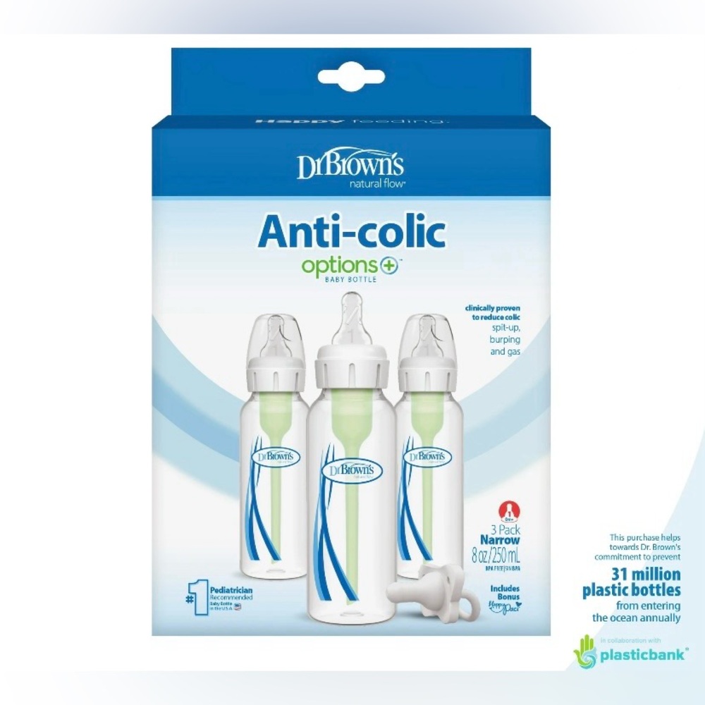 Dr. Brown's Natural Flow Anti-Colic Narrow Baby Bottle, 4oz, 3 Pack + HappyPaci